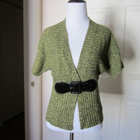 NWT! Allison Brittney Green & Gold Short-Sleeved Belted Sweater (S) - Picture 2 of 5